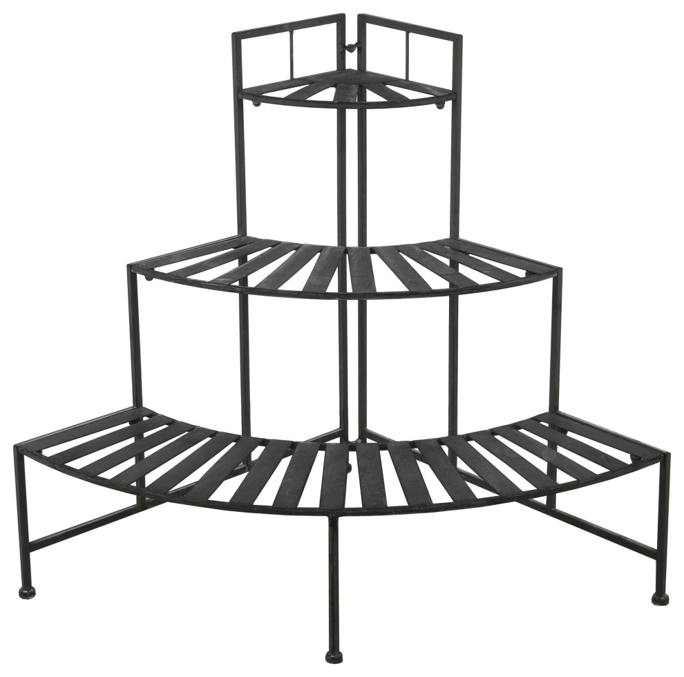 Slatted Design Adjustable 3 Tier Metal Plant Stand, Black Industrial