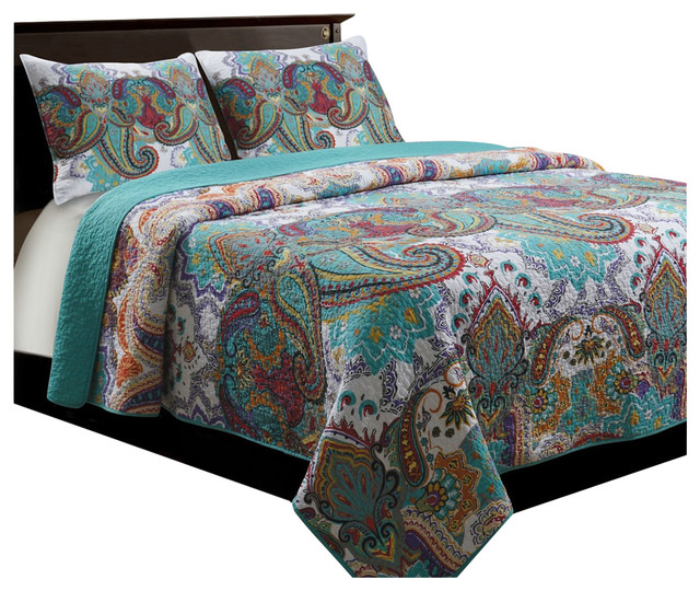 Queen Teal Paisley 3 Piece Quilt Set In, Teal And Grey Bedding Sets