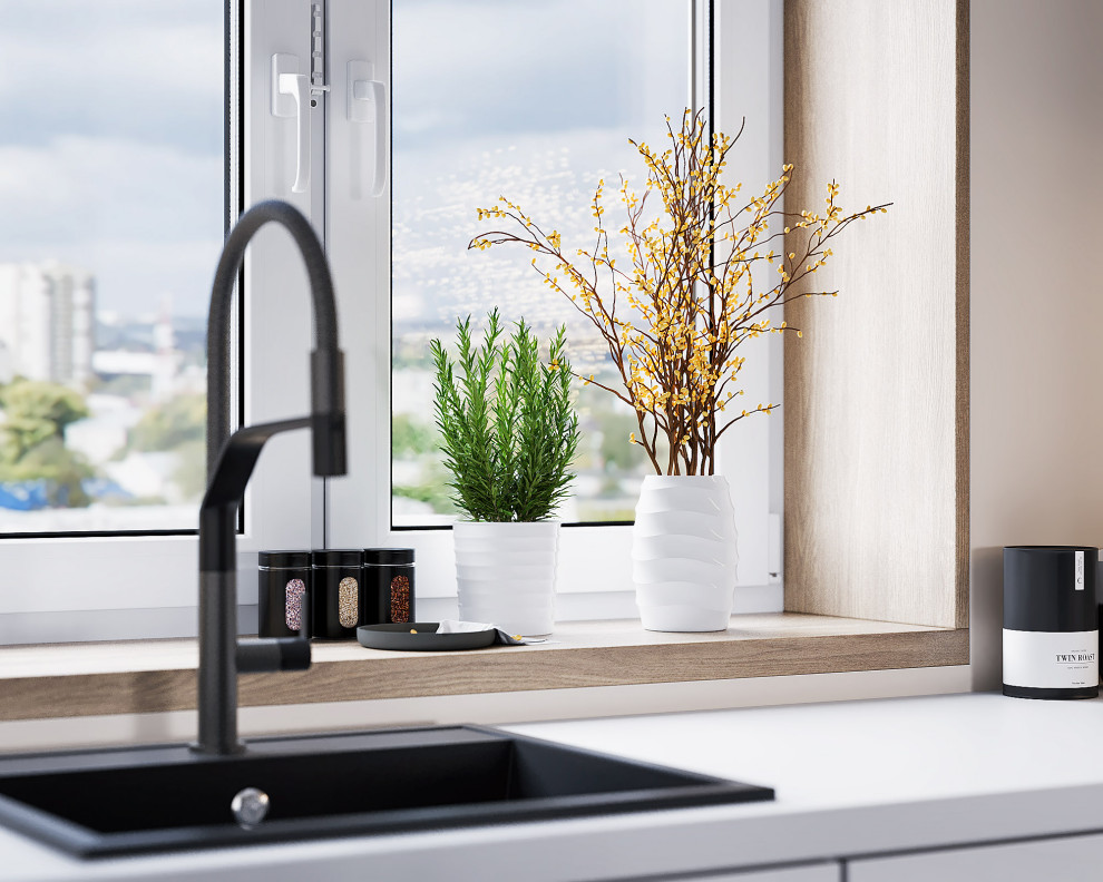 Кухня в современном стиле с использованием отделки в натуральных оттенках