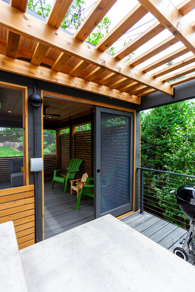 Mid-sized minimalist screened-in back porch photo in Minneapolis with decking and a roof extension