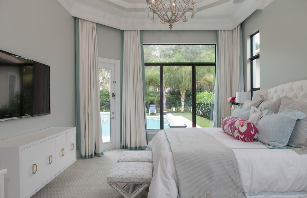 Bedroom - large transitional master carpeted and beige floor bedroom idea in Miami with gray walls and no fireplace