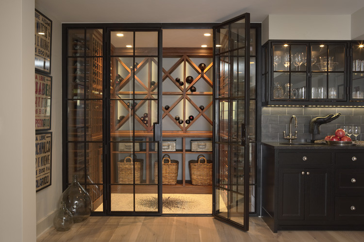 This is an example of a contemporary wine cellar in Minneapolis with medium hardwood floors and yellow floor.