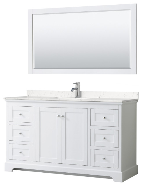 60" Single Vanity White, Vein Carrara Cultured Marble Top, Sink, 58" Mirror