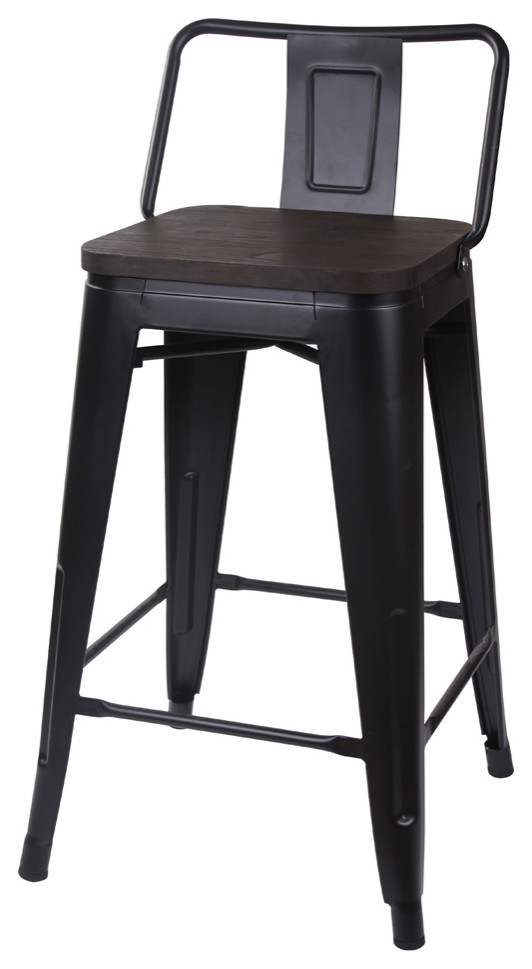 Lowback Black Metal Bar Stools, Dark Wooden Seat, Set of 1 Industrial