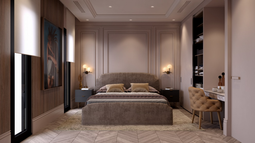 Esempio di una camera matrimoniale moderna con pareti beige, parquet chiaro, pavimento beige, soffitto a cassettoni e pannellatura