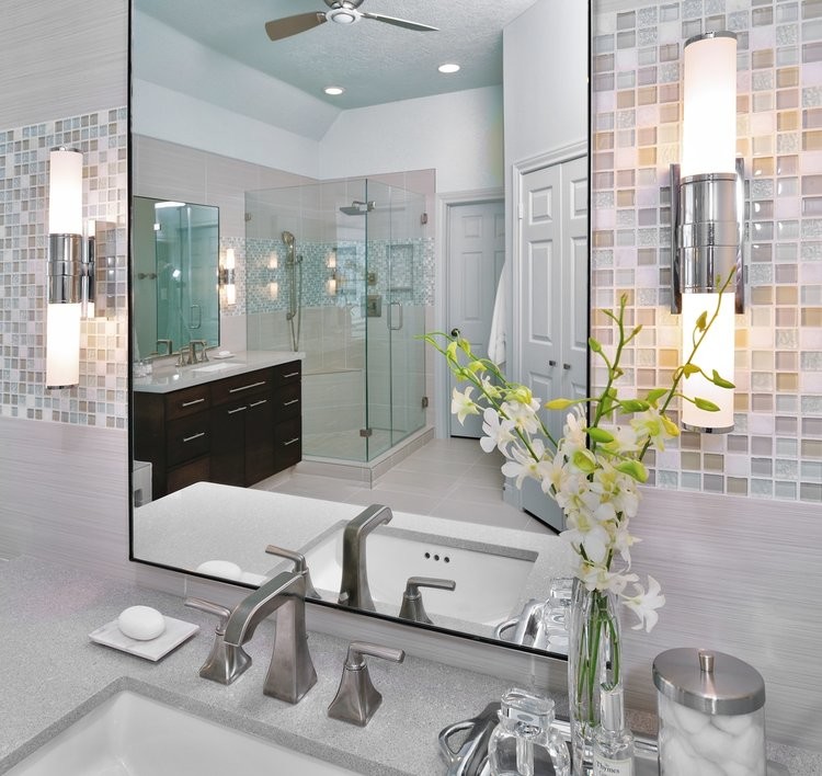 Large modern master bathroom in Tampa with dark wood cabinets, a drop-in tub, gray tile, glass tile, grey walls, ceramic floors, an undermount sink and solid surface benchtops.