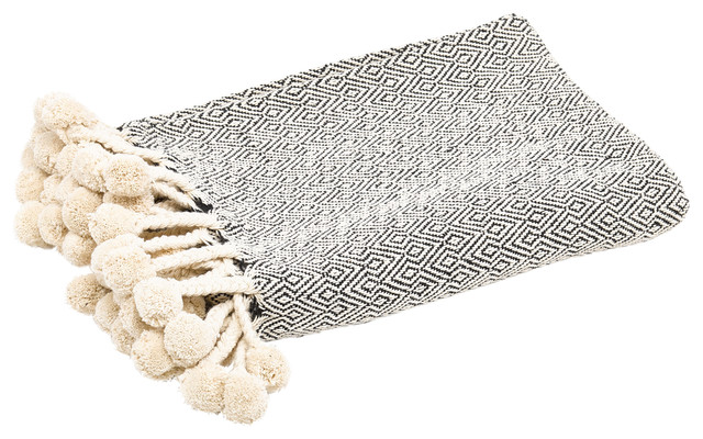 Diamond Jacquard Woven Pom Pom Fringe Throw