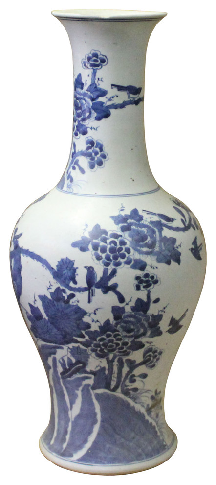Vintage Chinese Ceramic Porcelain Vase Home Decor Blue & White Flower Receptacle