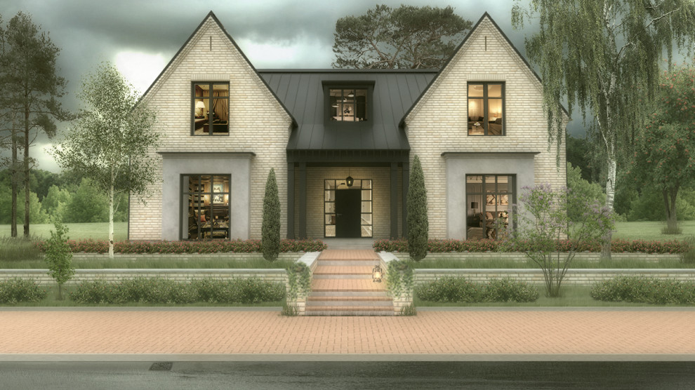 Экстерьер дома из кирпича в традиционном стиле.