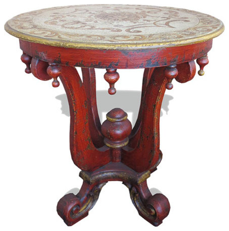 Stuttgart Accent Table, Red Baroque with Sage Green, Cream, and Scrolls