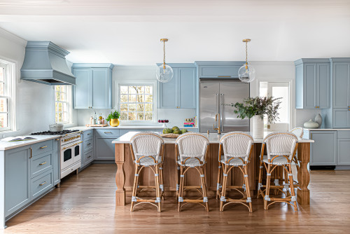 Blue Kitchen Cabinets with Sleek Brass Hardware - Transitional - Kitchen