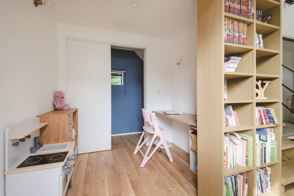 Nähzimmer mit hellem Holzboden, Einbau-Schreibtisch, beigem Boden, Tapetendecke und Tapetenwänden in Sonstige