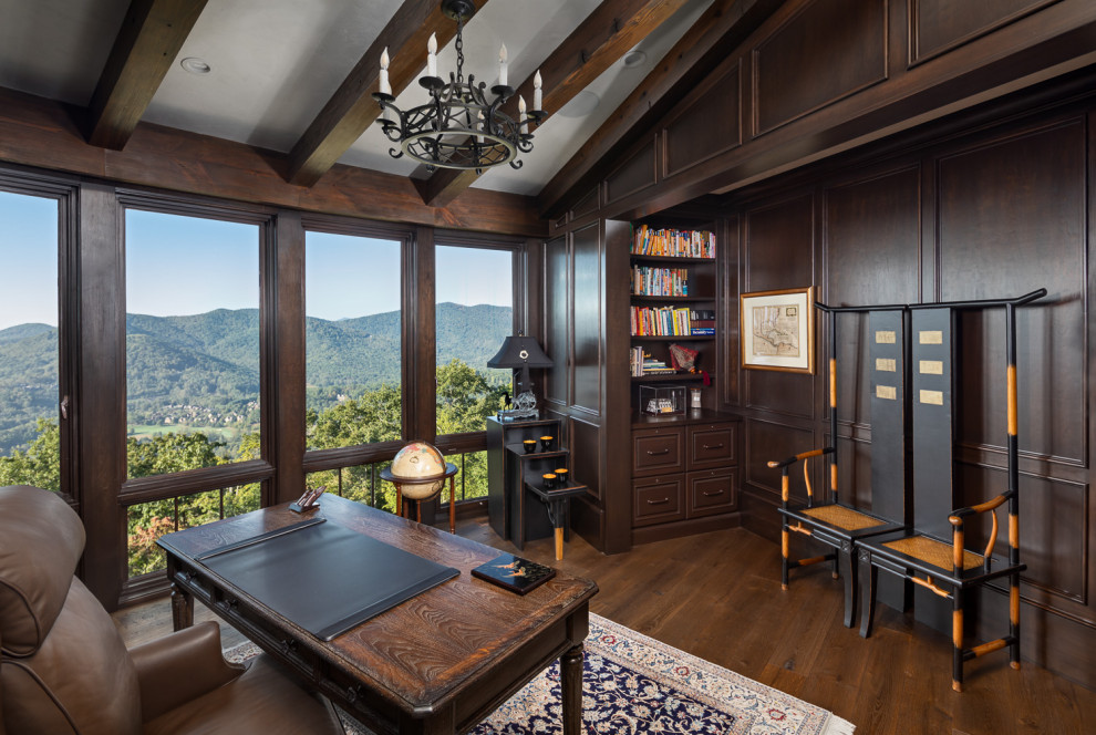 Inspiration for a traditional home office in Other with exposed beam and panelled walls.