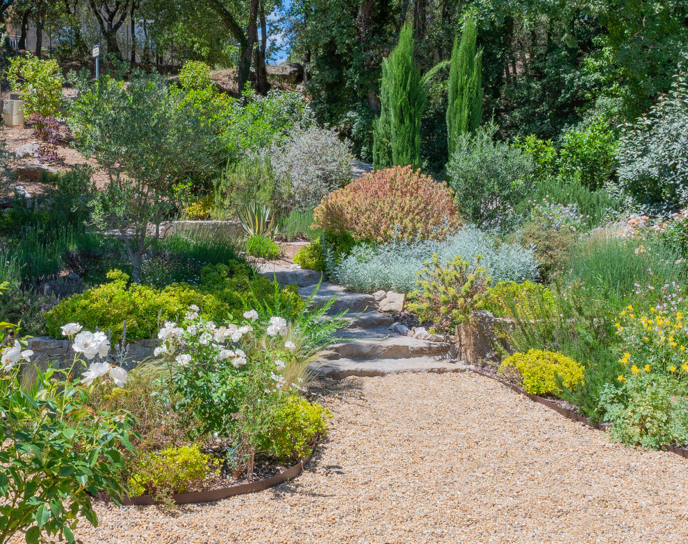 На фото: солнечный участок и сад в средиземноморском стиле с садовой дорожкой или калиткой, хорошей освещенностью и покрытием из гравия с