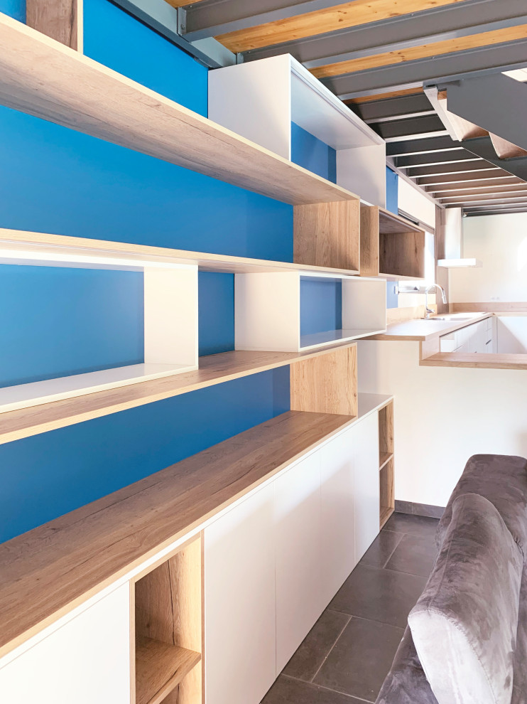 Inspiration för ett stort funkis vardagsrum, med ett bibliotek, blå väggar, klinkergolv i keramik och grått golv