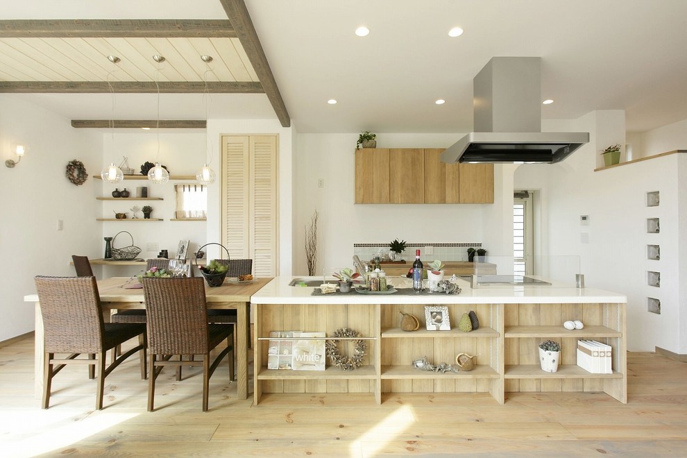 Inspiration for a country single-wall open plan kitchen in Other with a single-bowl sink, flat-panel cabinets, light wood cabinets, light hardwood floors, with island and beige floor.