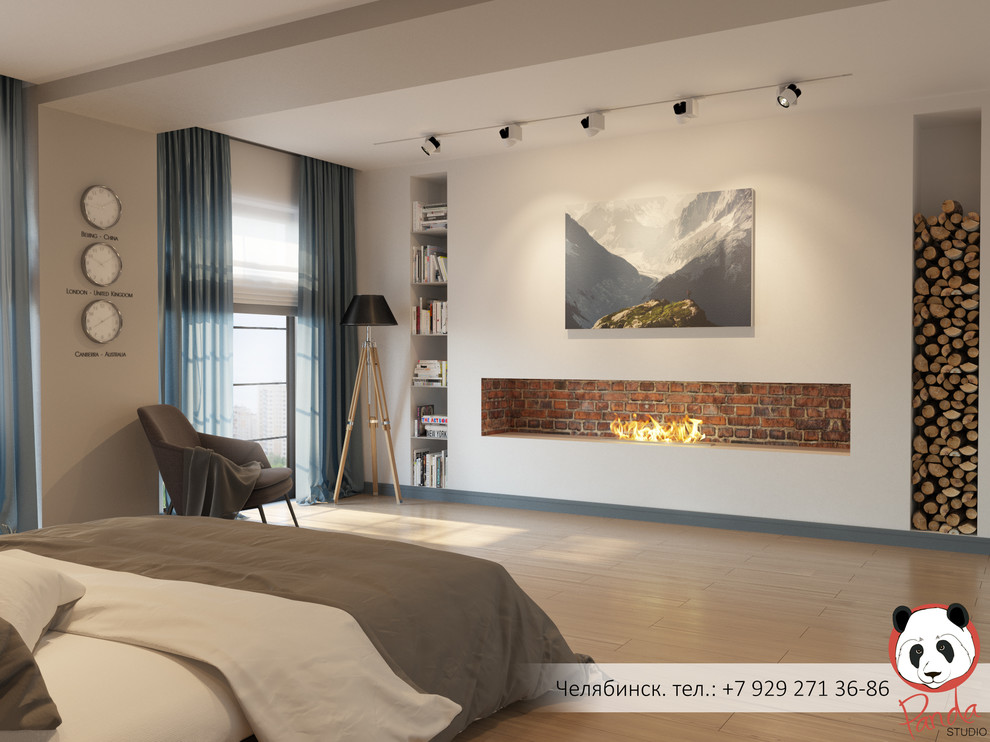 Дизайн интерьера спальни с камином