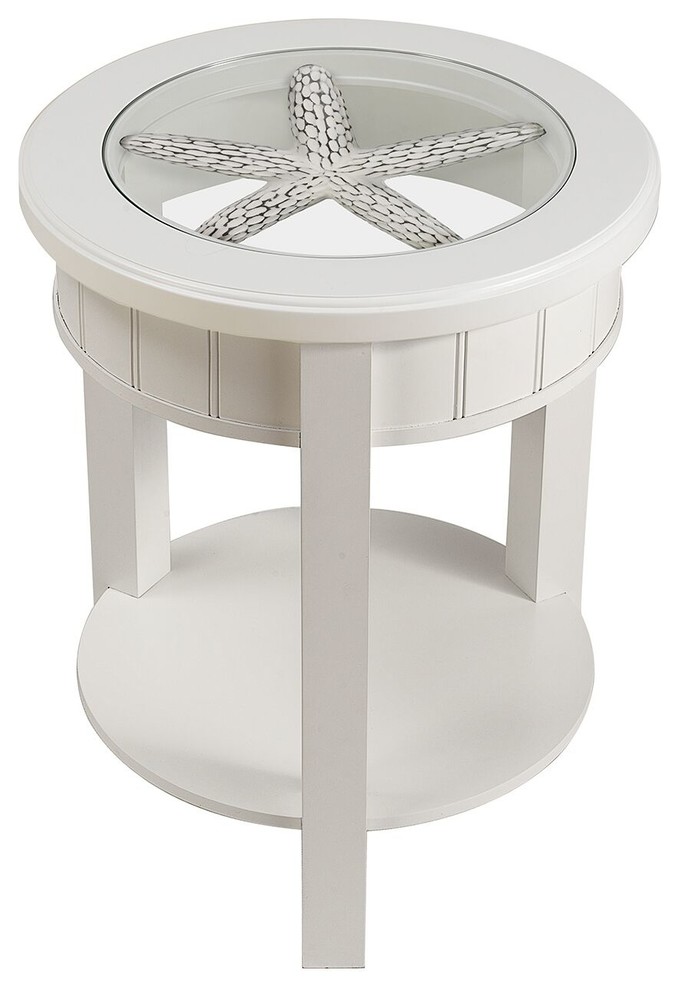 Seahaven Round Glass Top Accent, Table White Beach Style Side