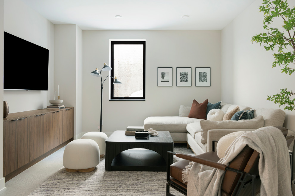 Basement - scandinavian concrete floor and gray floor basement idea in Minneapolis with white walls