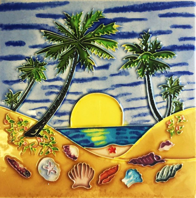 Watercolor Palm Trees and Sunset Ceramic Tile 8 Inches