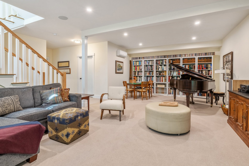 Mid-sized country family room in Boston with a music area, white walls, carpet, a wall-mounted tv and white floor.