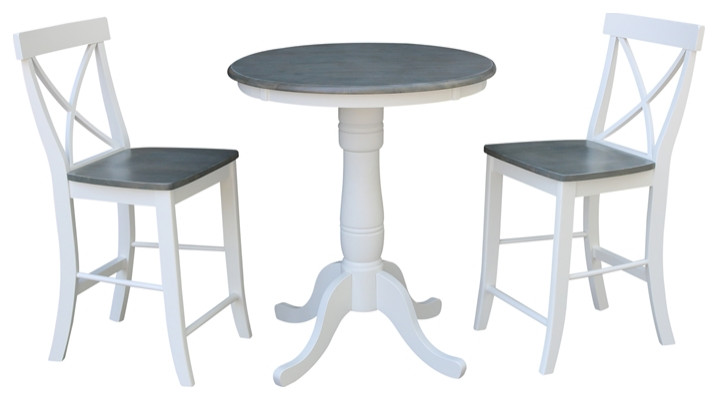 30" Round Solid Wood Gray  Table With 2 X-Back Counter Stools