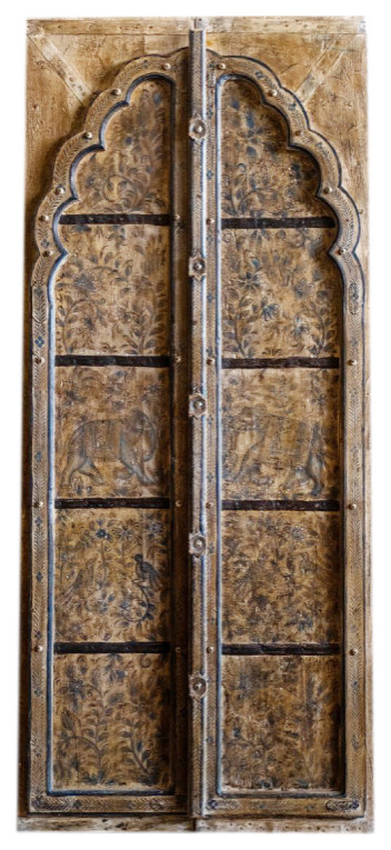 Consigned Antique Rajasthani Doors, Elephants Painted Reclaimed Doors 84