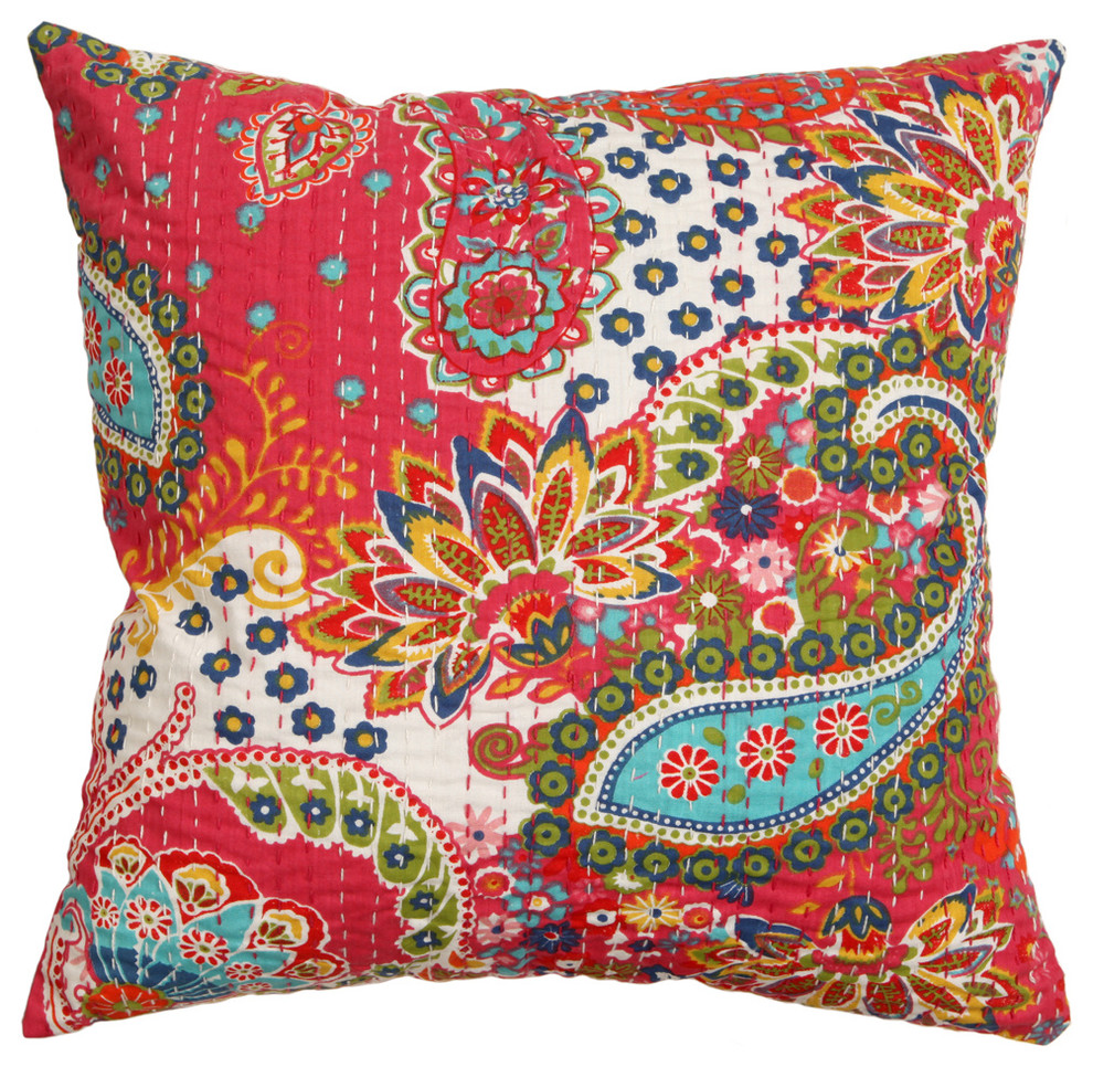 Rugsville Ethnic Decorative Kantha Paisley Red Pillow Cover  16"x16"