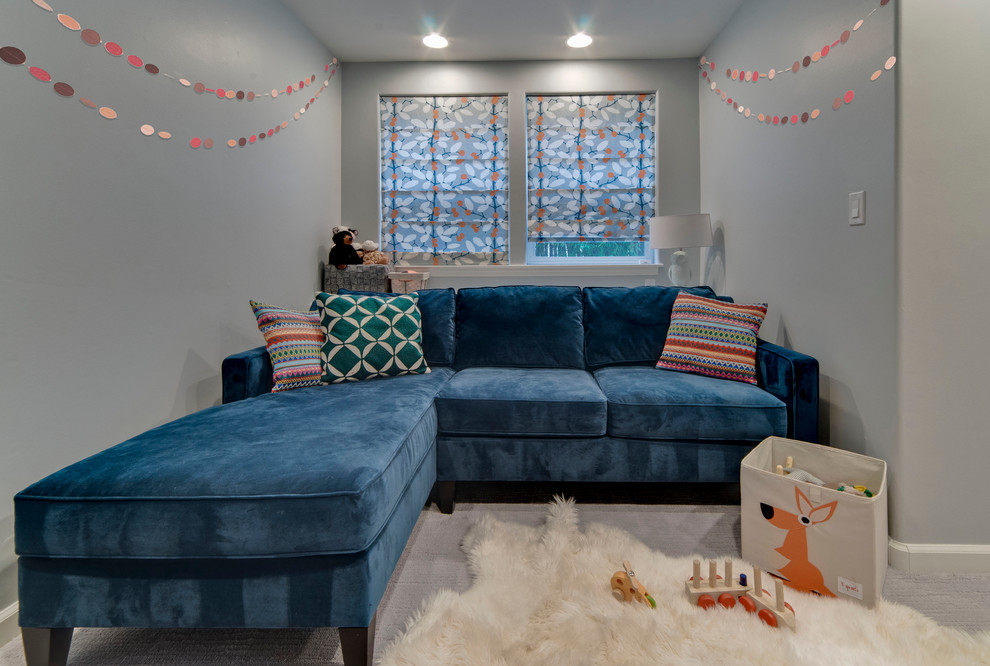 Photo of a small transitional open concept family room in San Francisco with blue walls, carpet, no fireplace and a wall-mounted tv.