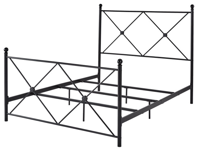 Queen Size Platform Bed, Metal Frame With Double X Headboard & Footboard, Black
