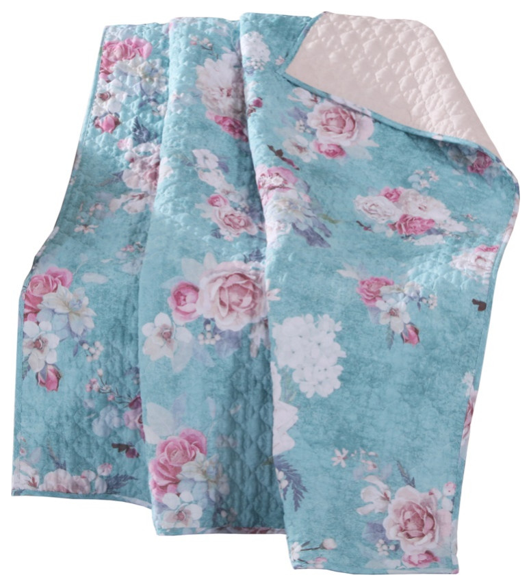 60 X 50 Inches Polyester Throw Blanket With Floral Print, Blue And White
