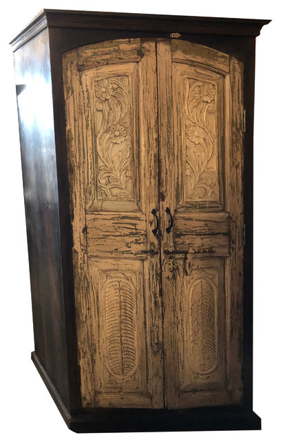 Consigned Reclaimed Antique Indian Solid Wooden Armoire Floral Carving Cabinet