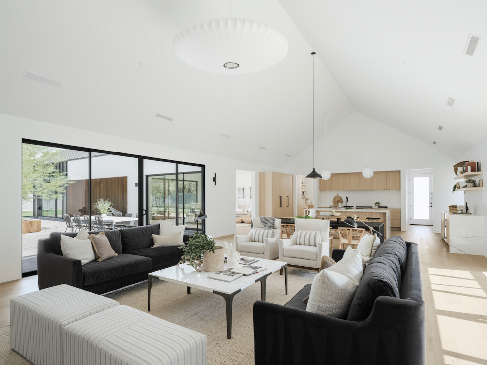 Exemple d'un grand salon tendance ouvert avec un mur blanc, parquet clair, une cheminée standard et un plafond voûté.