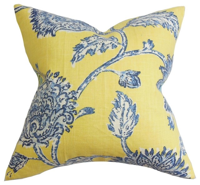 Behati Floral Pillow Blue Yellow Transitional Decorative Pillows by The Pillow Collection