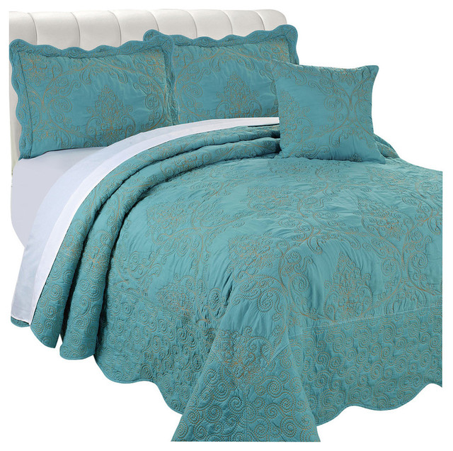 Damask Embroidered Quilted 4 Piece Bed Spread Sets Mediterranean