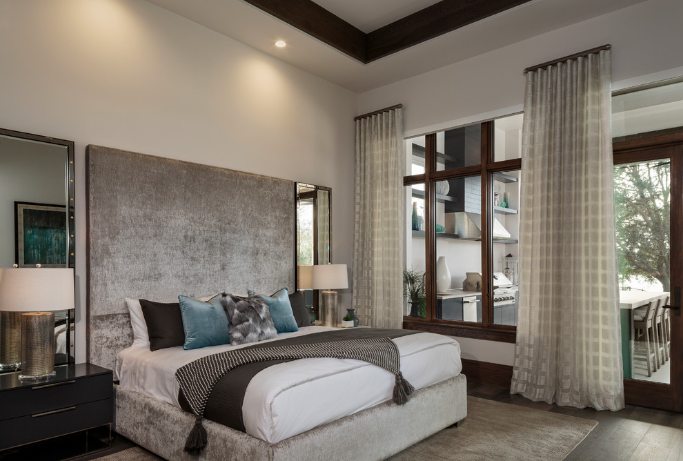 Design ideas for a large modern master bedroom in Miami with grey walls, dark hardwood floors, brown floor and no fireplace.