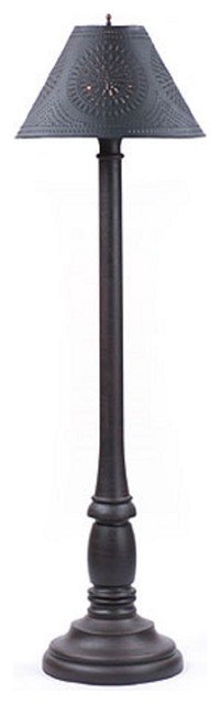 USA Handcrafted Wood Floor Lamp Textured Paint Finish, Black, Punched Tin Shade