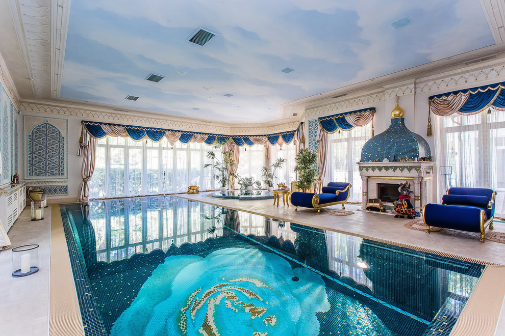 Inspiration for an asian indoor rectangular pool in Moscow with a hot tub and tile.