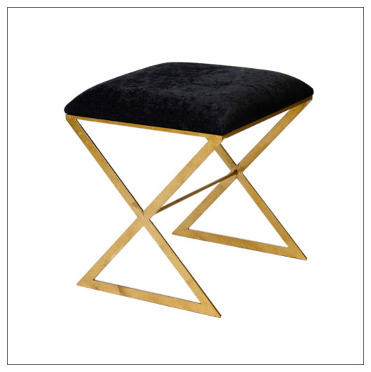 Worlds Away gold leaf X stool with black velvet seat