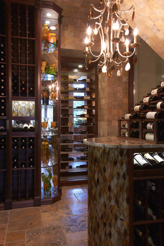 Inspiration for a large rustic porcelain tile and multicolored floor wine cellar remodel with storage racks