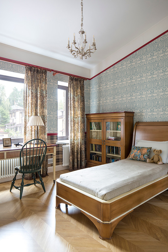 Traditional kids' room in Moscow with blue walls and light hardwood floors for kids 4-10 years old and boys.