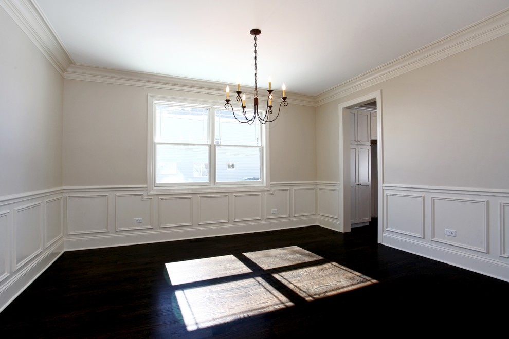 Mid-sized transitional dark wood floor dining room photo in Chicago with gray walls and no fireplace