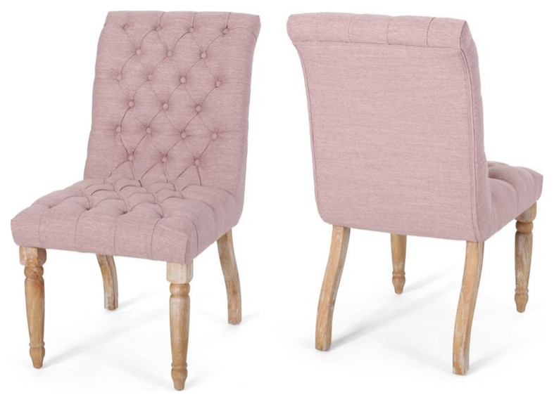 Noble House Fieldmaple Tufted Fabric Dining Chair in Light Blush (Set of 2)