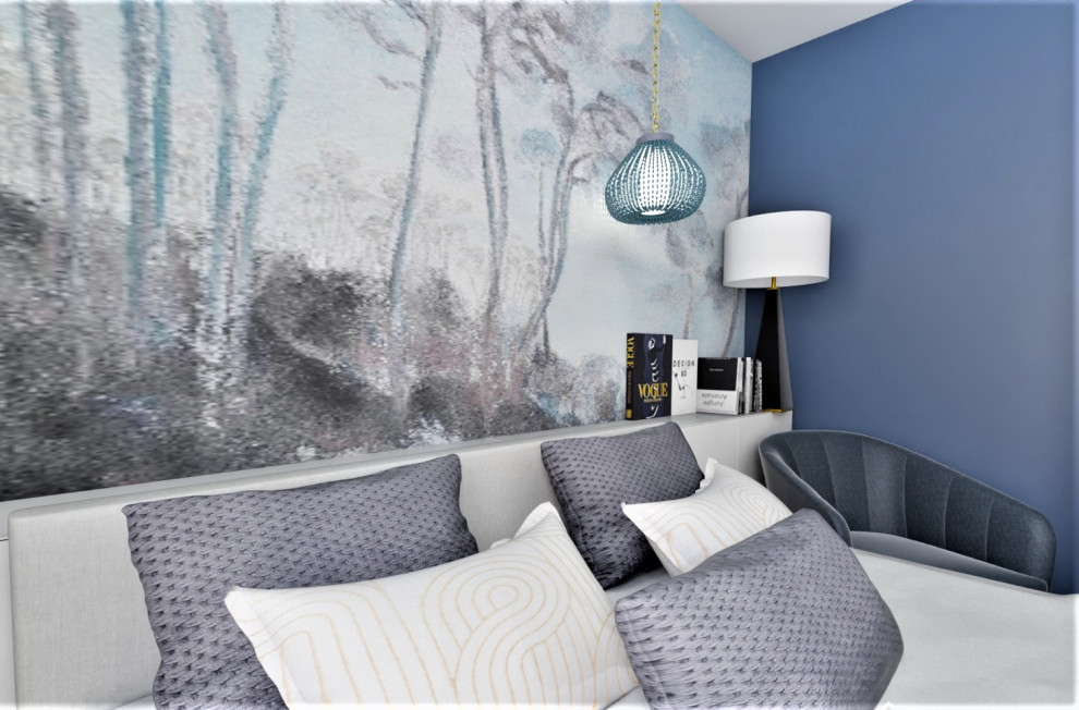 Photo of a small beach style bedroom in Other with blue walls, light hardwood floors and wallpaper.