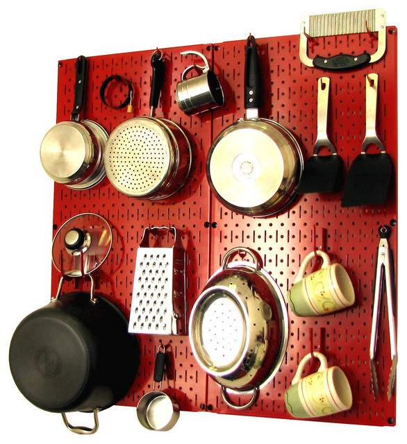 Kitchen Pegboard Organizer Pots and Pans, Red Pegboard and Red Accessories