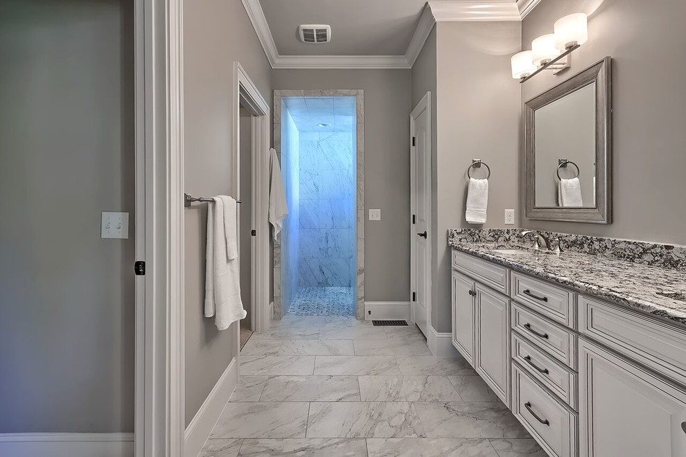 Design ideas for a large transitional master bathroom in Other with a console sink, an alcove tub, a shower/bathtub combo, gray tile and grey walls.