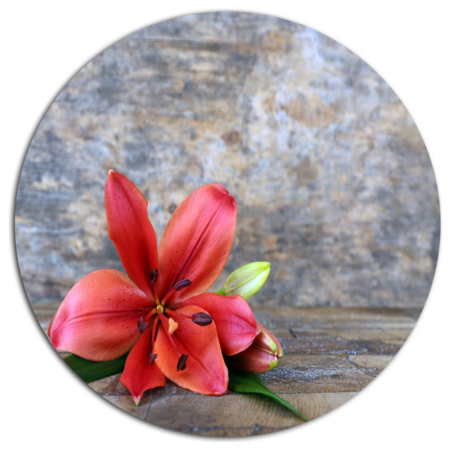 Beautiful Fallen Red Lily Flower, Floral Round Metal Wall Art
