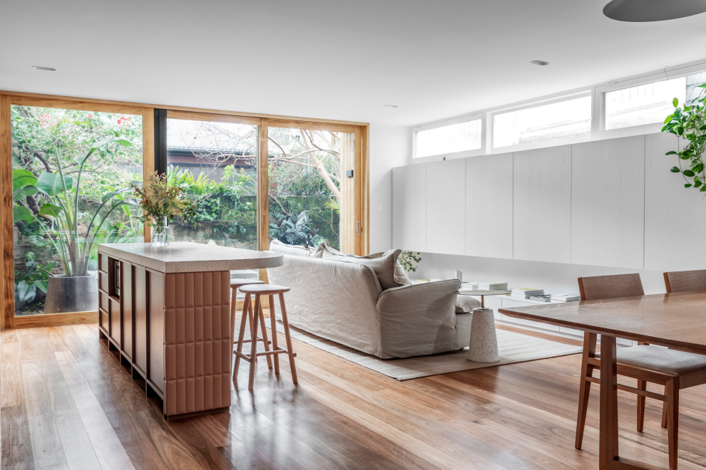 Kleines, Offenes Modernes Wohnzimmer mit weißer Wandfarbe, braunem Holzboden, Multimediawand und braunem Boden in Sydney