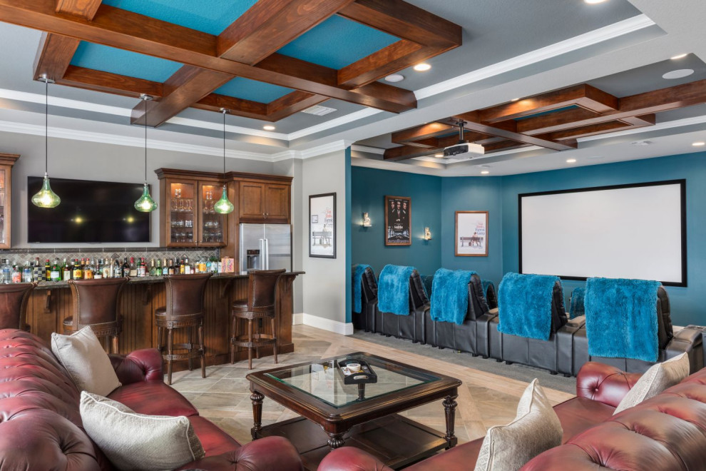This is an example of a large traditional open concept home theatre in Orlando with blue walls, porcelain floors, a projector screen and beige floor.