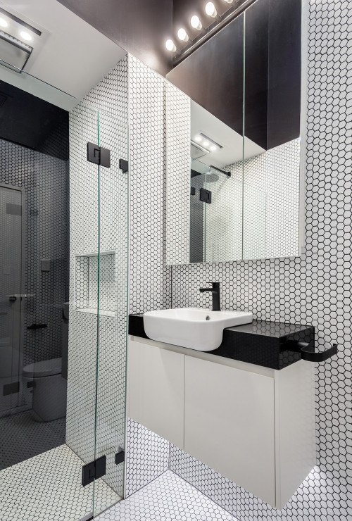 White Hexagon Tile Bathroom with Single Vanity